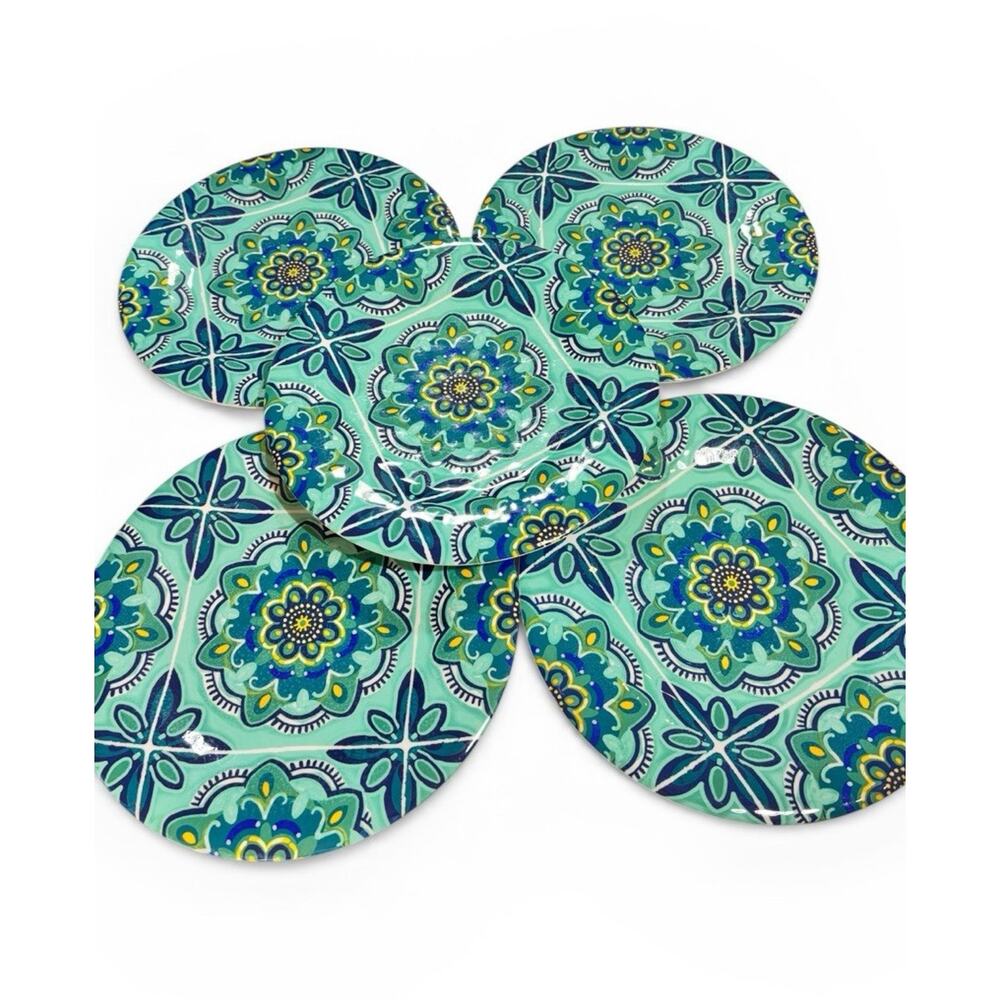Set Of 5 Bobby Flay Melamine Floral Dinner Outdoor Plates 11" Blue Green Yellow